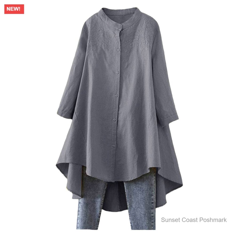 Embroidered Longline High Low Tunic Top Long Sleeve Gray Linen Blend New